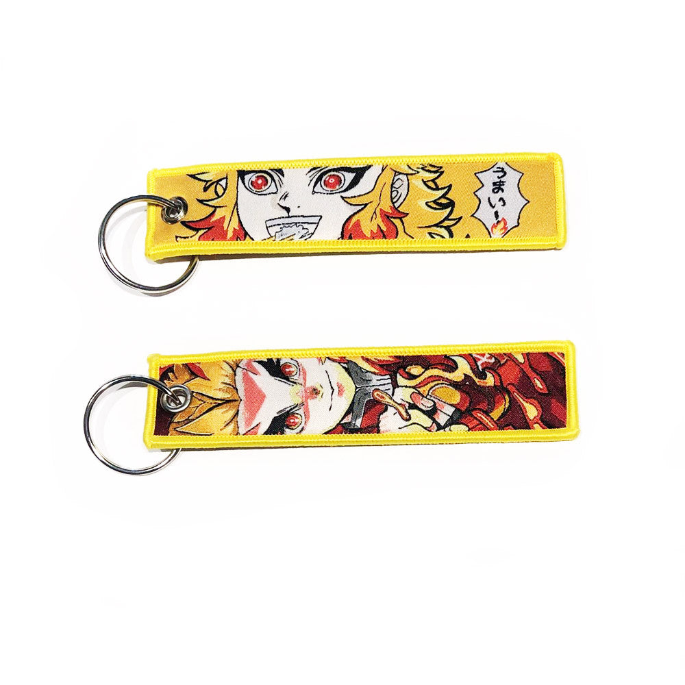 Gestickter Demon Slayer Schlüsselanhänger - Rengoku Feuer Flamme Gelb Anime zweiseitige Schlüssel Tag