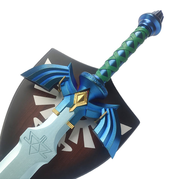 ZELDA - LINK - Blue Master Sword Deluxe - Metal - with Wooden Display Wallplaque