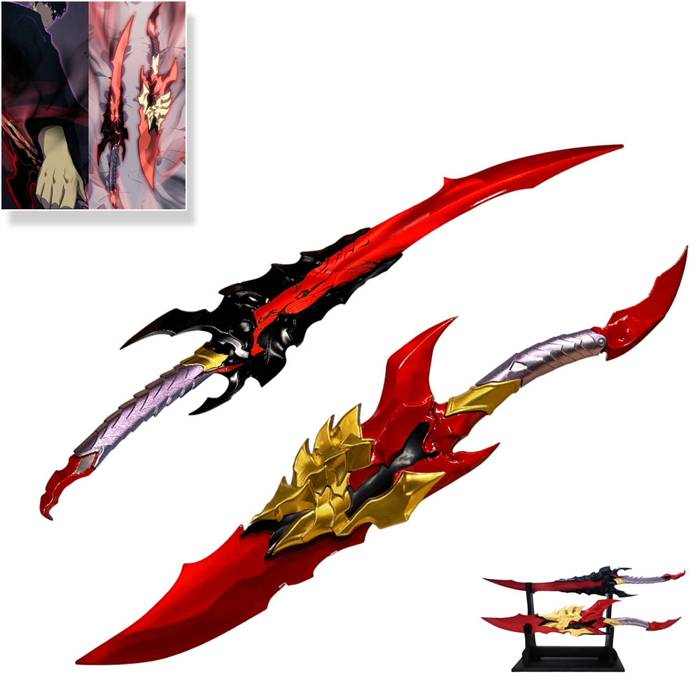 SOLO LEVELING - Metalen Kamish’s Wrath Dubbele dagger Set van 2 - 61 cm - Houten Displayhouder Inclusief