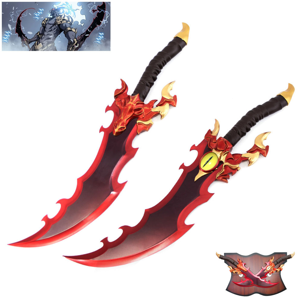 SOLO LEVELING - Metalen Demon King Baran Dual Dagger Set van 2 - 63 cm - Houten Display Plaque Inclusief