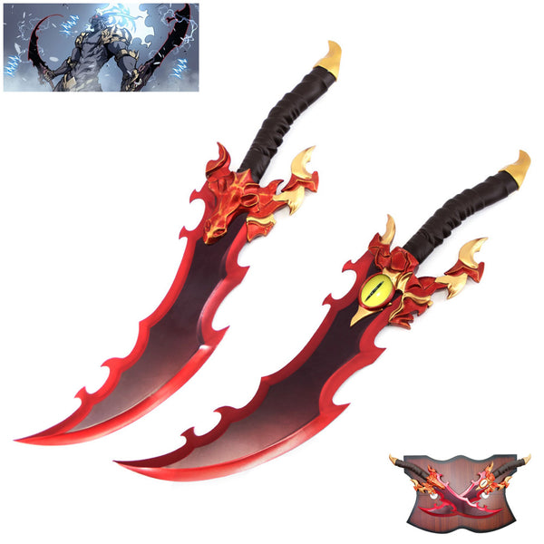 SOLO LEVELING - Metalen Demon King Baran Dual Dagger Set van 2 - 63 cm - Houten Display Plaque Inclusief