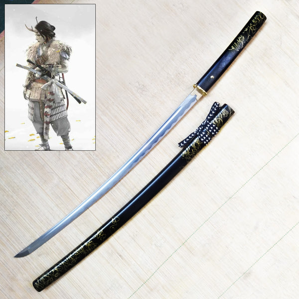 Ghost of Yotei - Zwart Gilded Night Katana - 104cm - 1045 Staal Full Tang Zwaard