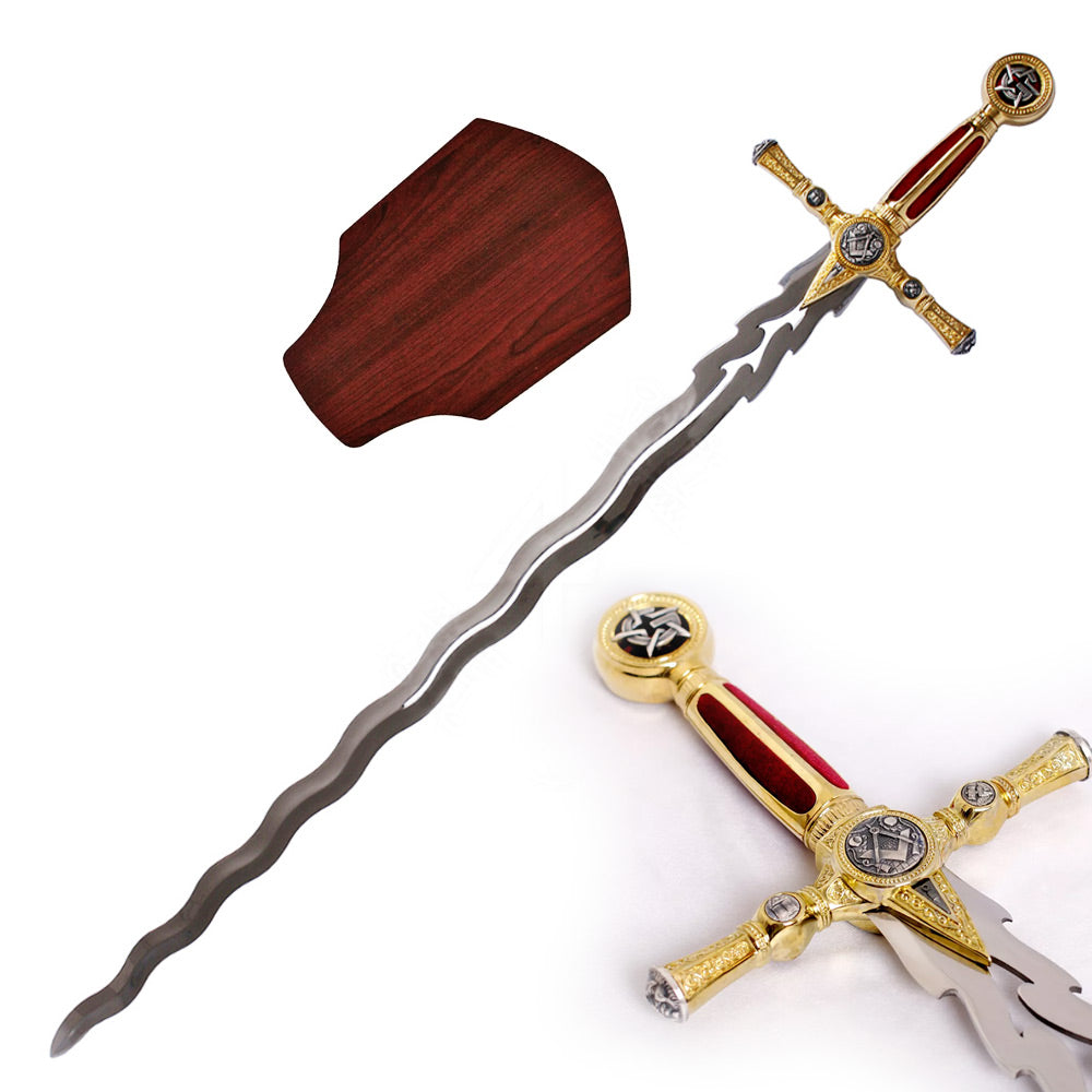 FRANC MAÇON - Épée de Tyler Maçonnique à Lame Flamboyante - Flamberge Rouge - Cérémonielle - Présentation en Bois