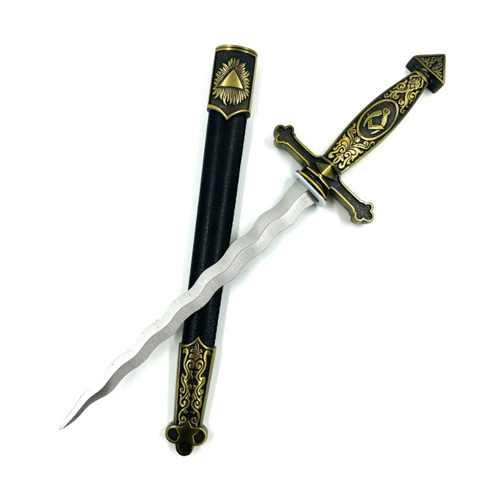 FREEMASON - Brass Masonic Flaming Knife - Luxury Dagger with Leather Sheath - 40cm