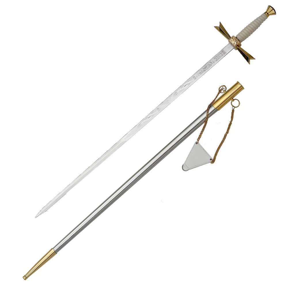 FREIMAURER - Weißes Zeremonienschwert - Freimaurerisches Templerkreuz - Inklusive Scheide - 90 cm