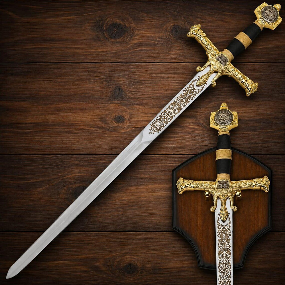 FREEMASON - Gold King Solomon Sword - Wooden Display Plaque Included