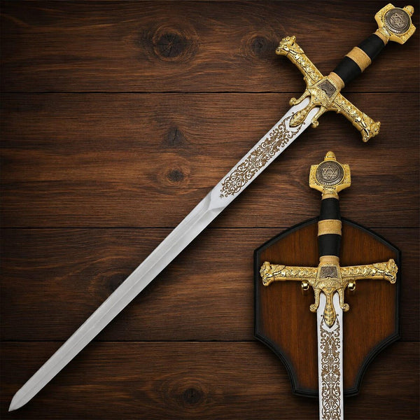 FREEMASON - Gold King Solomon Sword - Wooden Display Plaque Included