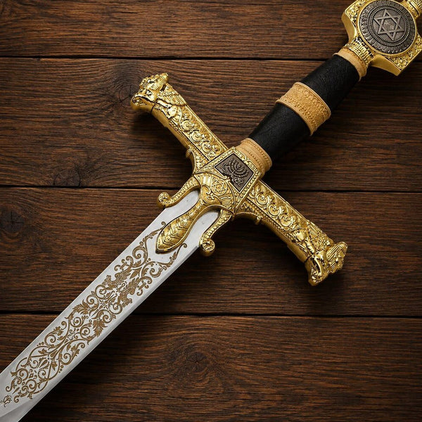 FREEMASON - Gold King Solomon Sword - Wooden Display Plaque Included