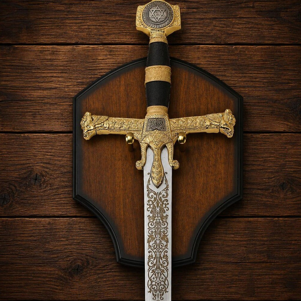 FREEMASON - Gold King Solomon Sword - Wooden Display Plaque Included