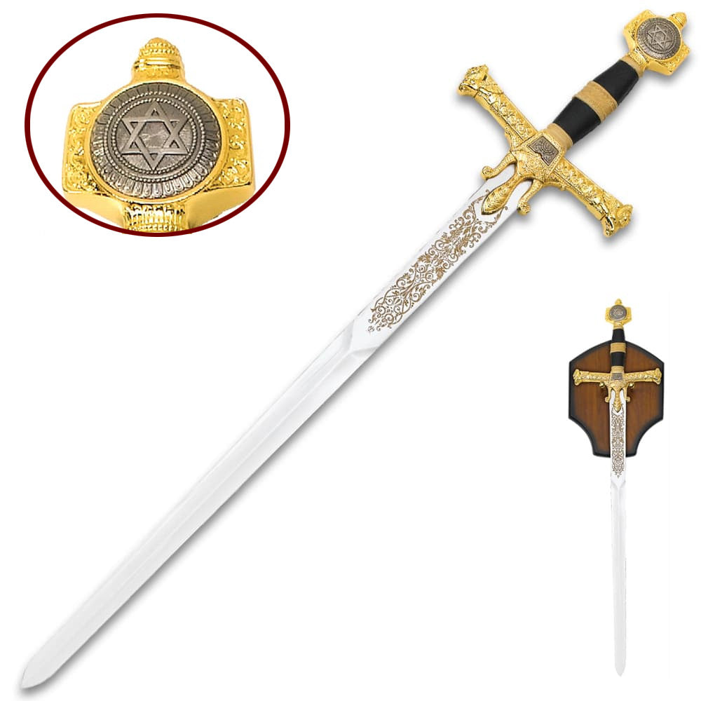 FREEMASON - Gold King Solomon Sword - Wooden Display Plaque Included