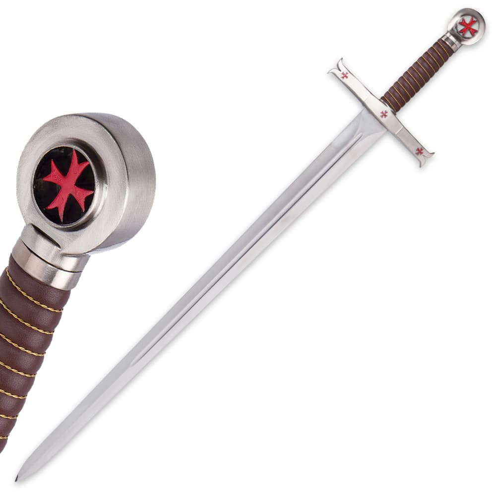 TEMPLIER - Épée classique de chevalier templier à triple croix - Avec support mural en bois