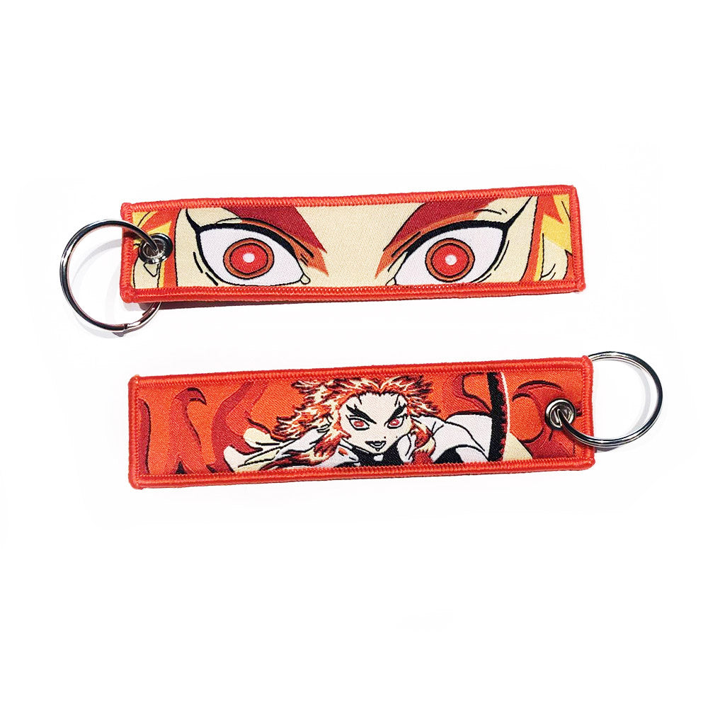 Demon Slayer geborduurde Keytag - Rengoku Fire Flame Red Anime dubbelzijdige sleutelhanger