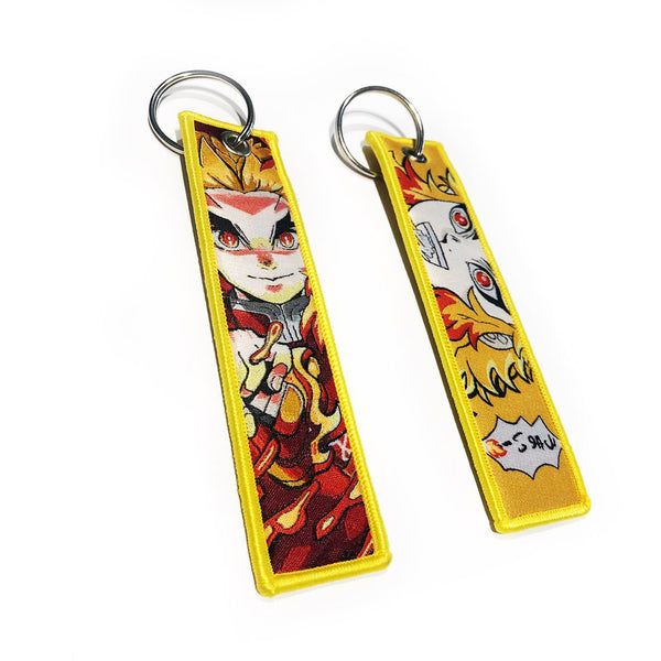 Demon Slayer geborduurde Keytag - Rengoku Fire Flame Geel Anime dubbelzijdige sleutelhanger